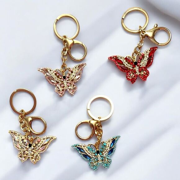 Sparkly Rhinestone Butterfly Gold Tone Keychain Bag Charm - Picture 1 of 5